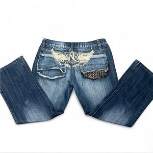 Rock & Republic Low Rise Blue Bootcut Jeans with Embellished Pockets